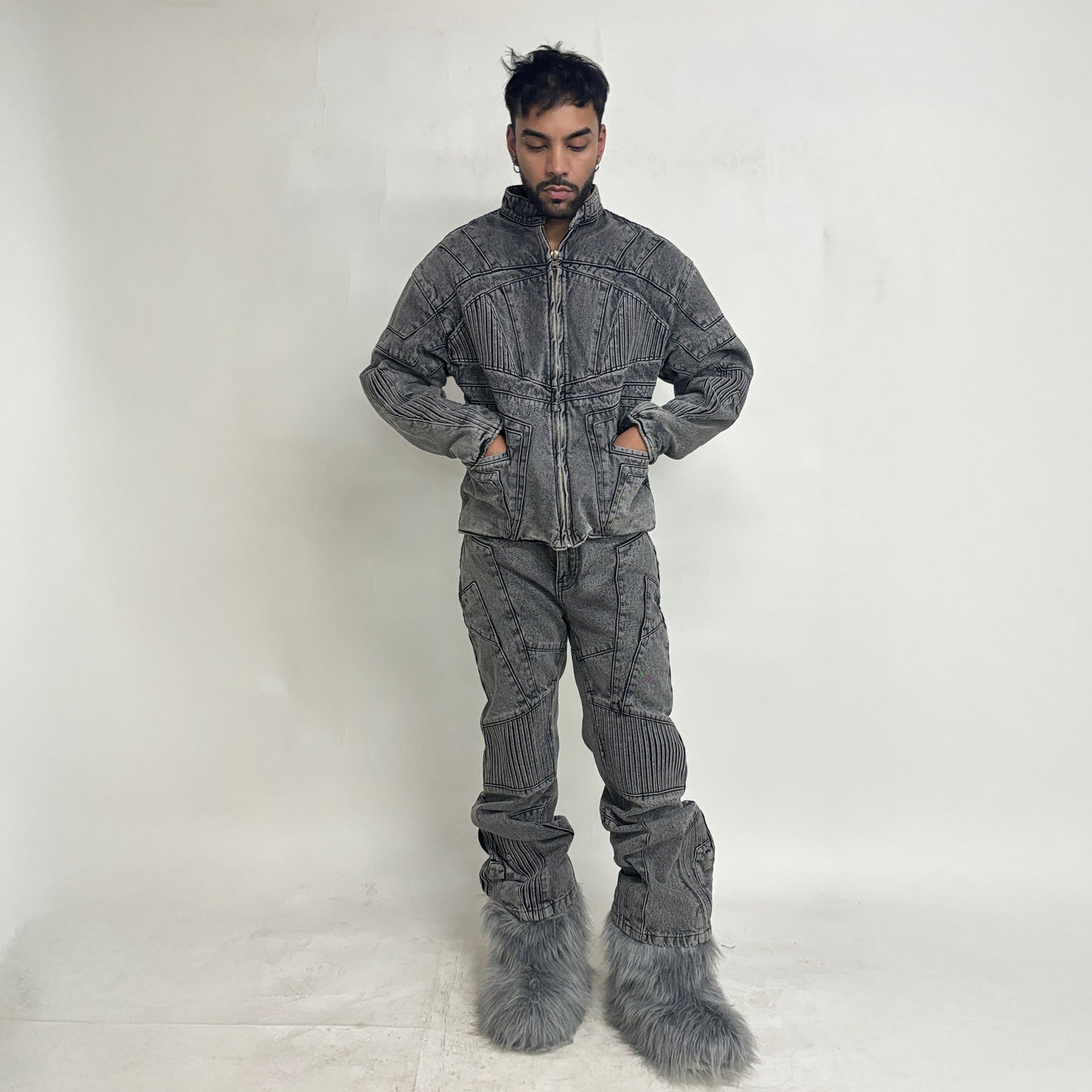 BIKER DENIM PANTS - LIGHT GREY