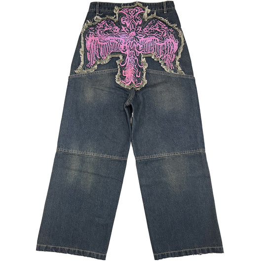 CROSS LOGO PATCHED LOW CROTCH JEANS - DARK BLUE