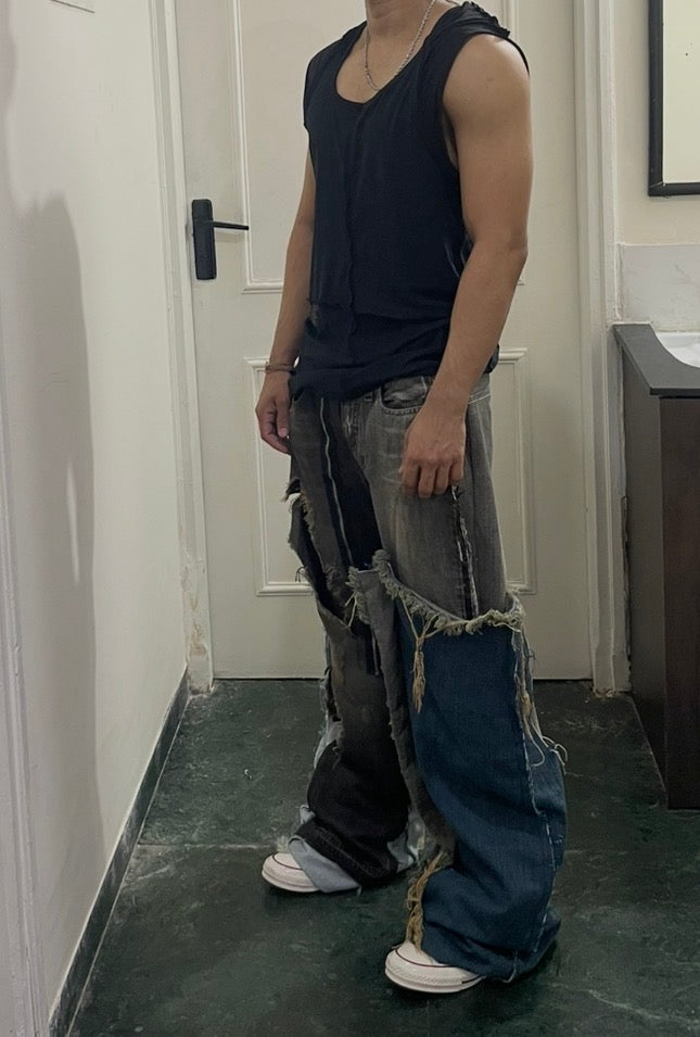 Super flared hybrid dual tone reconstructed jeans