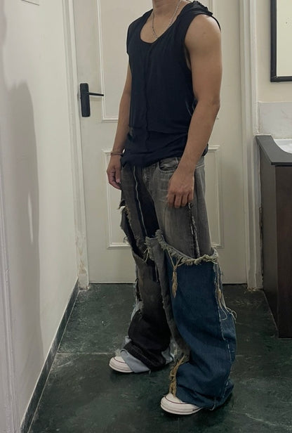 Super flared hybrid dual tone reconstructed jeans