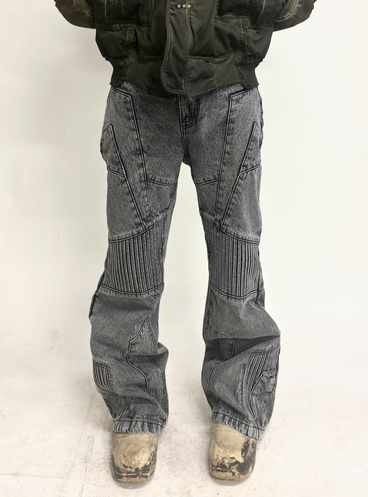 BIKER DENIM PANTS - LIGHT GREY