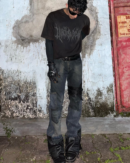 Leather/ Denim Hybrid Reconstructed Flared Jeans
