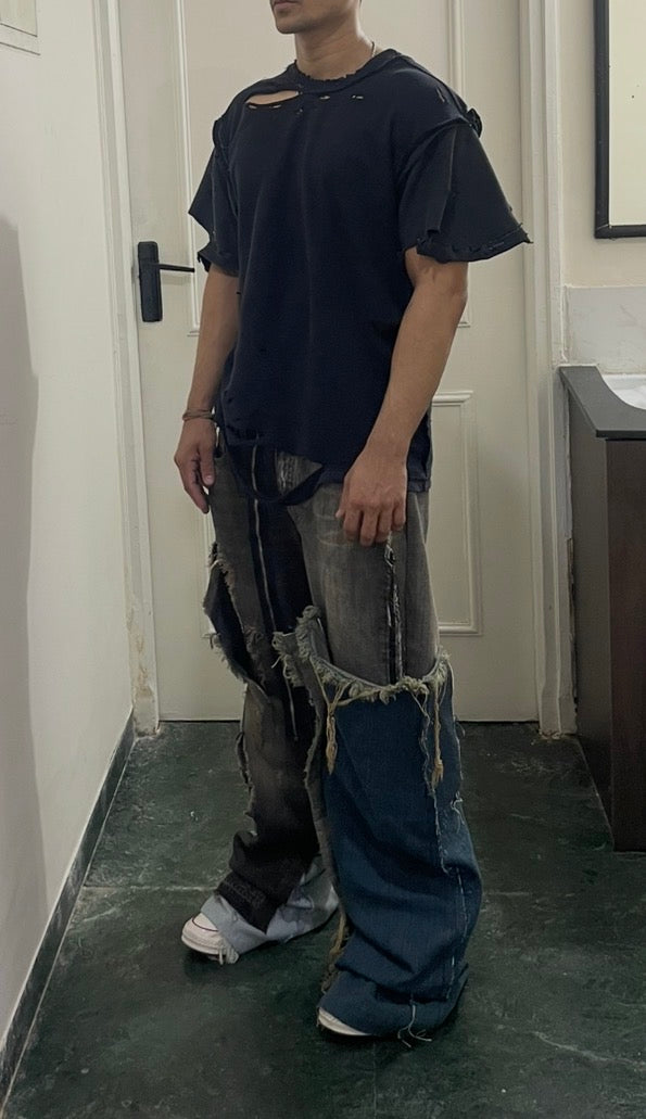 Super flared hybrid dual tone reconstructed jeans