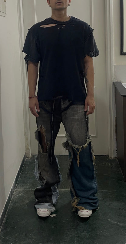 Super flared hybrid dual tone reconstructed jeans