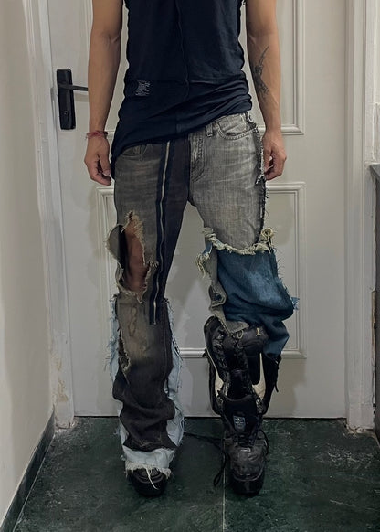 Super flared hybrid dual tone reconstructed jeans