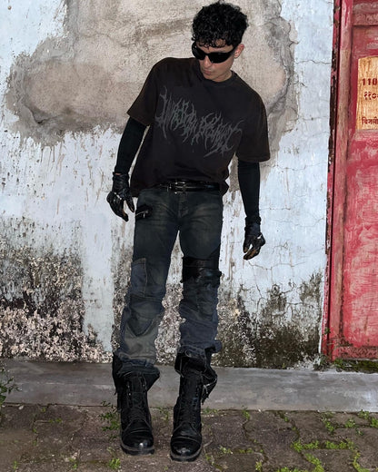 Leather/ Denim Hybrid Reconstructed Flared Jeans