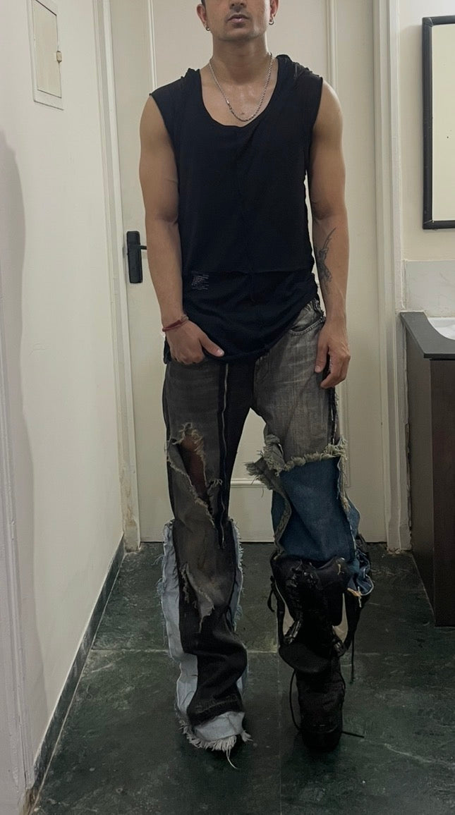 Super flared hybrid dual tone reconstructed jeans