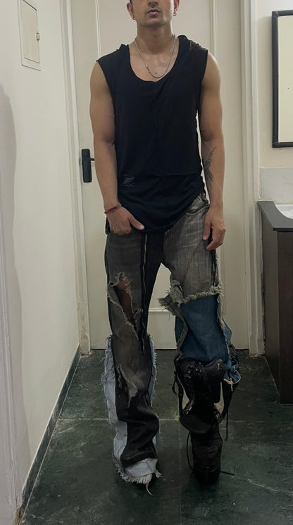 Super flared hybrid dual tone reconstructed jeans