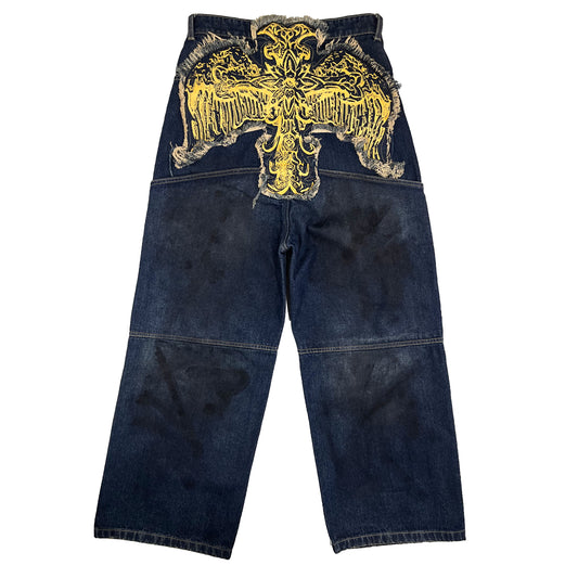CROSS LOGO PATCHED LOW CROTCH JEANS - DIRTY DARK BLUE