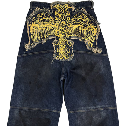 CROSS LOGO PATCHED LOW CROTCH JEANS - DIRTY DARK BLUE