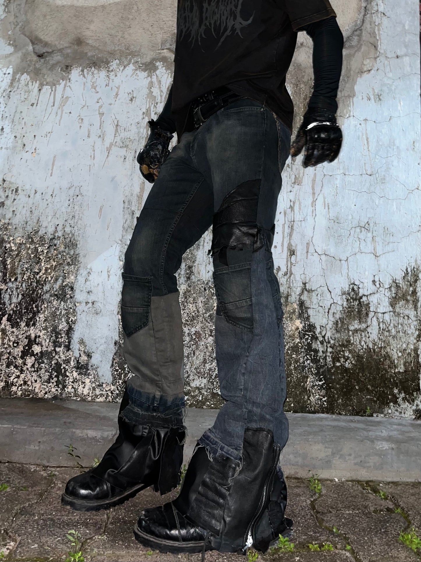 Leather/ Denim Hybrid Reconstructed Flared Jeans