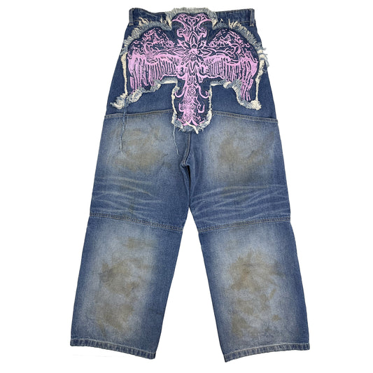 CROSS LOGO PATCHED LOW CROTCH JEANS - DIRTY LIGHT BLUE