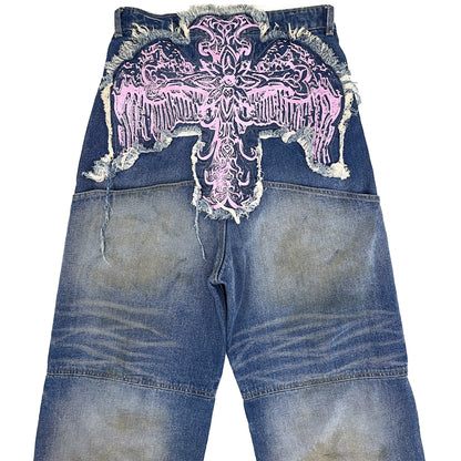 CROSS LOGO PATCHED LOW CROTCH JEANS - DIRTY LIGHT BLUE