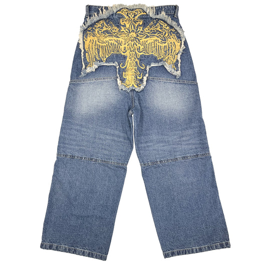 CROSS LOGO PATCHED LOW CROTCH JEANS - LIGHT BLUE