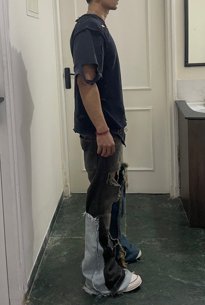 Super flared hybrid dual tone reconstructed jeans