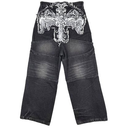 CROSS LOGO PATCHED LOW CROTCH JEANS - BLACK