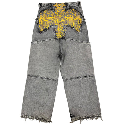 CROSS LOGO PATCHED LOW CROTCH JEANS - DISTRESSED LIGHT GREY