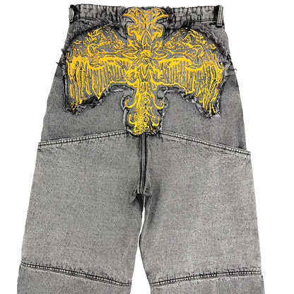 CROSS LOGO PATCHED LOW CROTCH JEANS - DISTRESSED LIGHT GREY