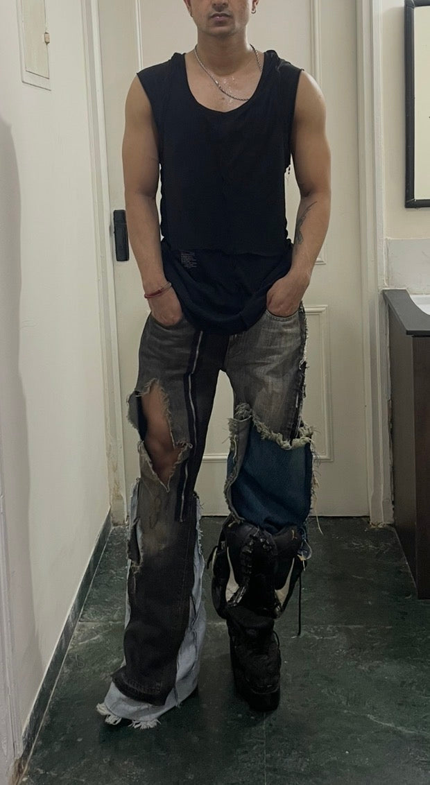 Super flared hybrid dual tone reconstructed jeans