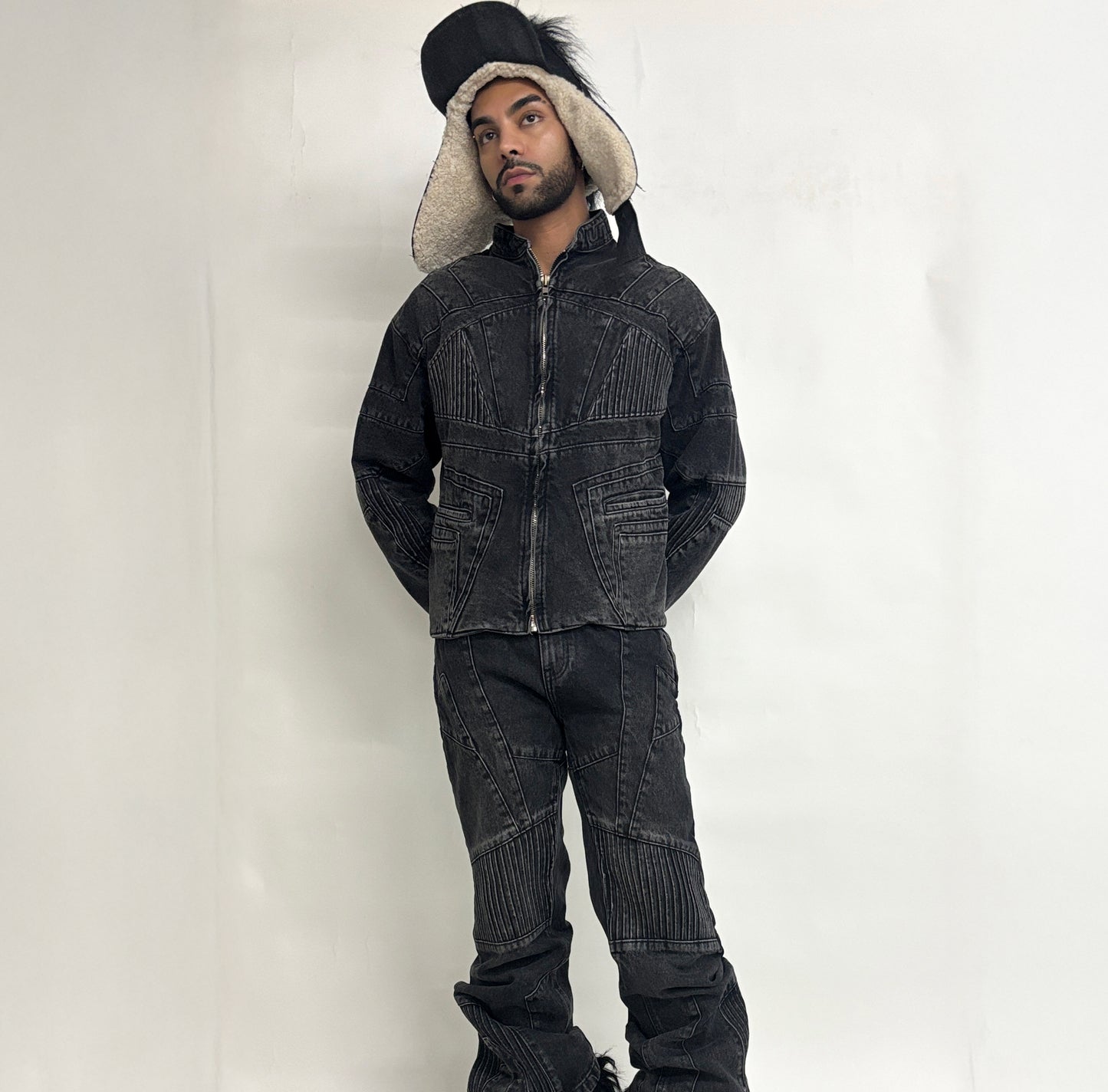 BIKER DENIM JACKET - DARK GREY