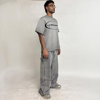 CROSS LOGO PATCHED LOW CROTCH JEANS - DISTRESSED LIGHT GREY