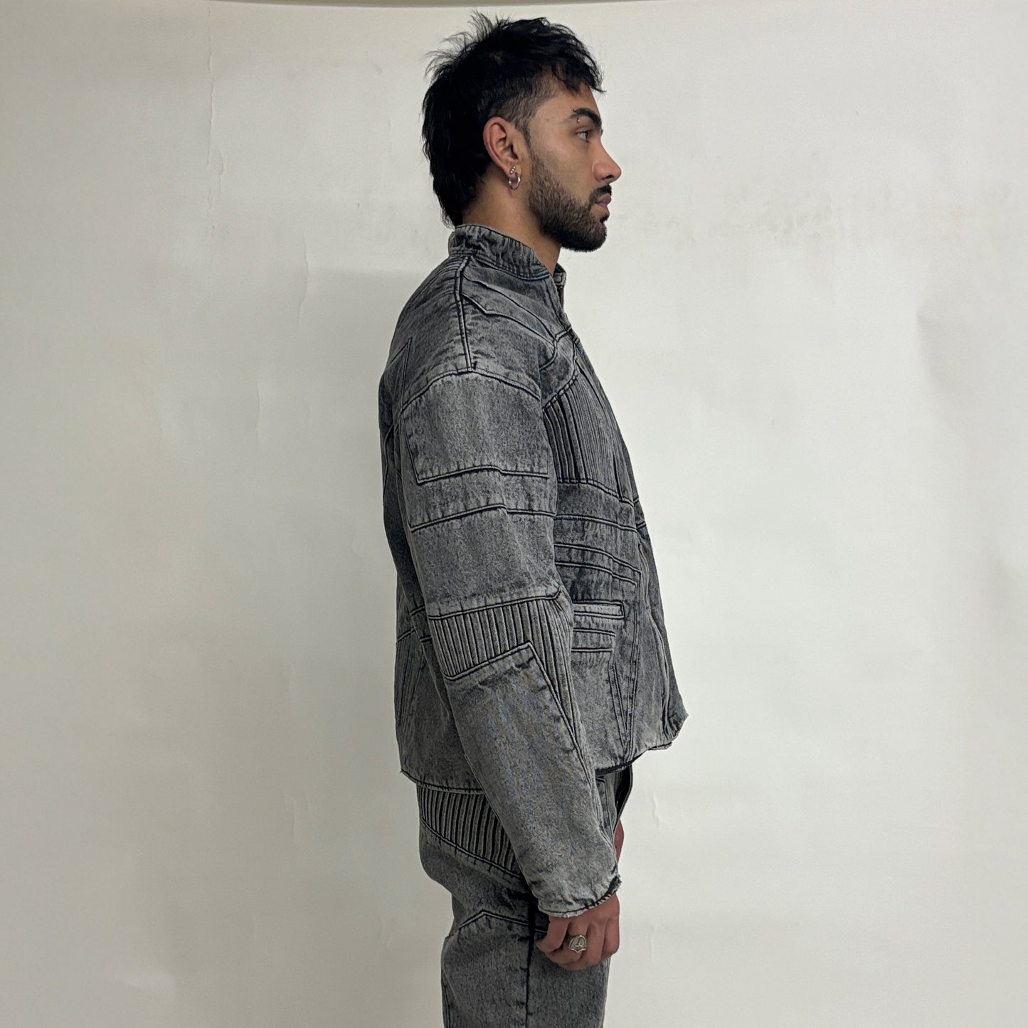 BIKER DENIM JACKET - LIGHT GREY