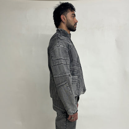 BIKER DENIM JACKET - LIGHT GREY