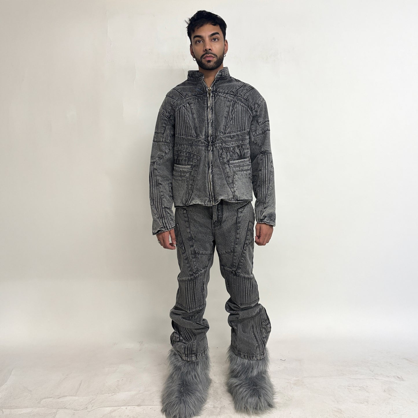 BIKER DENIM PANTS - LIGHT GREY