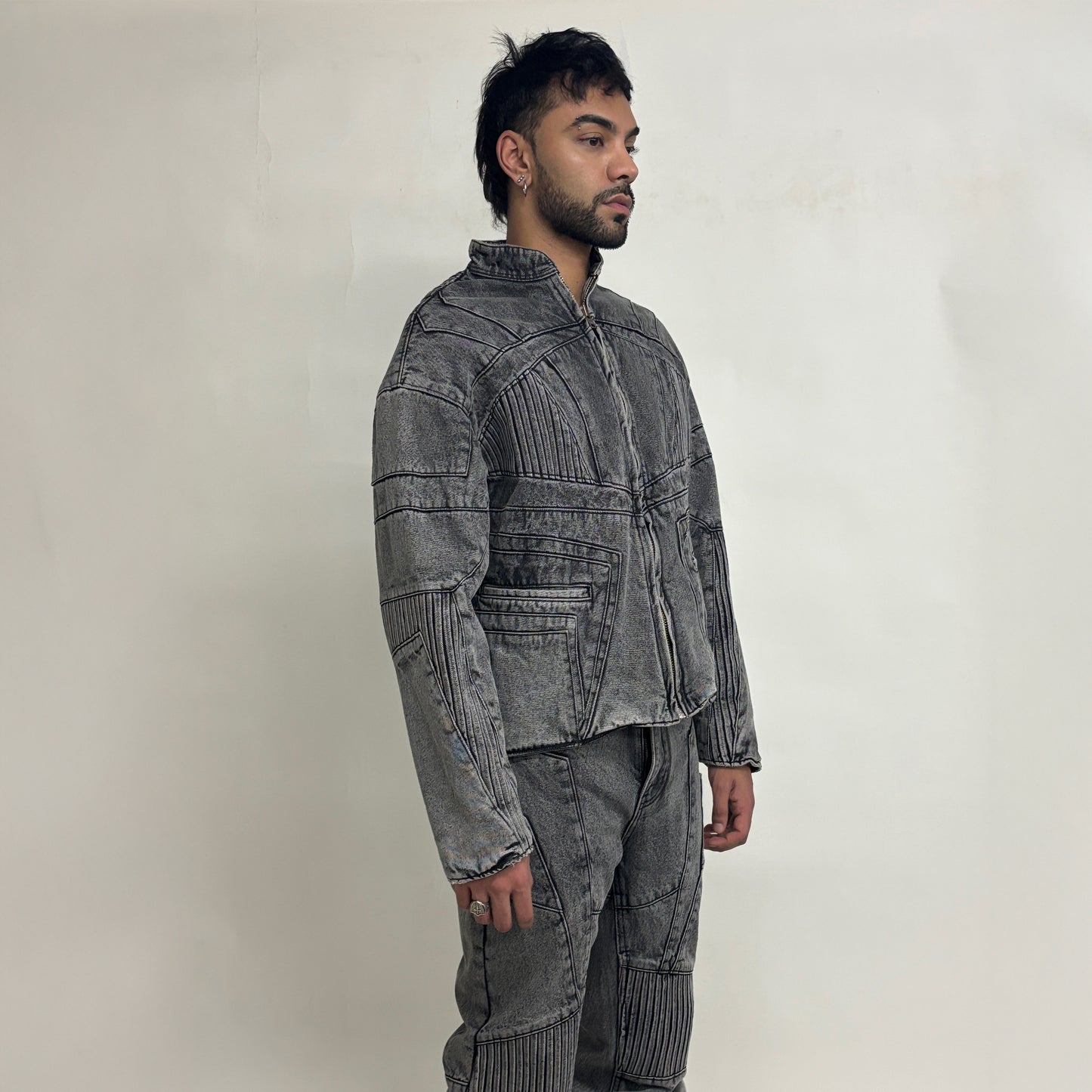 BIKER DENIM JACKET - LIGHT GREY